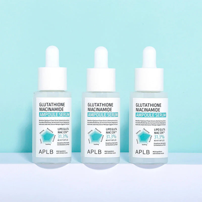 APLB Glutathione Niacinamide Ampoule Serum bottles arranged on blue background