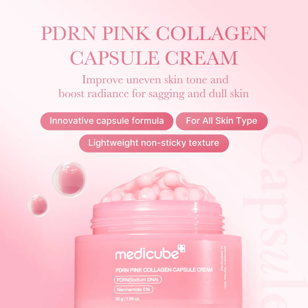 Medicube PDRN Pink Collagen Capsule Cream skincare benefits infographic