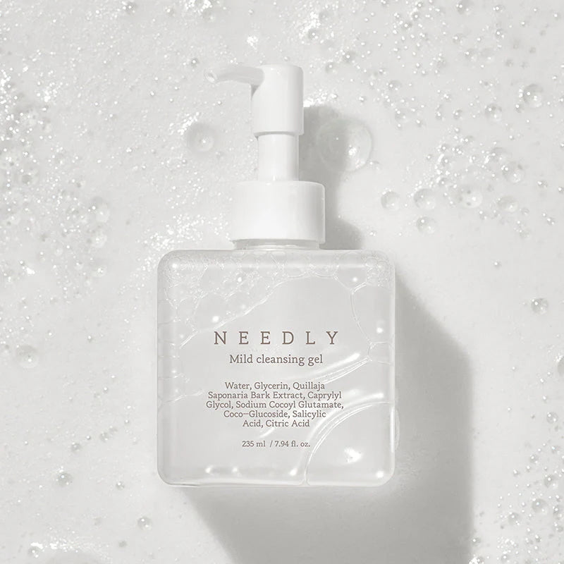 Needly Mild Cleansing Gel bottle close-up on white background