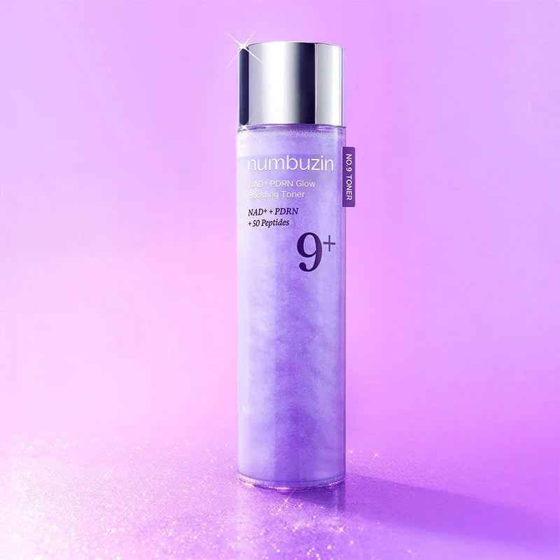 Numbuzin No.9 NAD+ PDRN Glow Boosting Toner bottle on purple background
