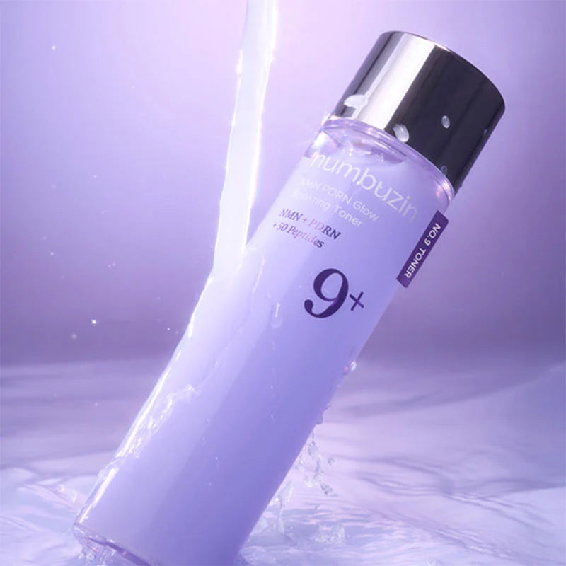 Numbuzin No.9 NAD+ PDRN Glow Boosting Toner bottle with water splash
