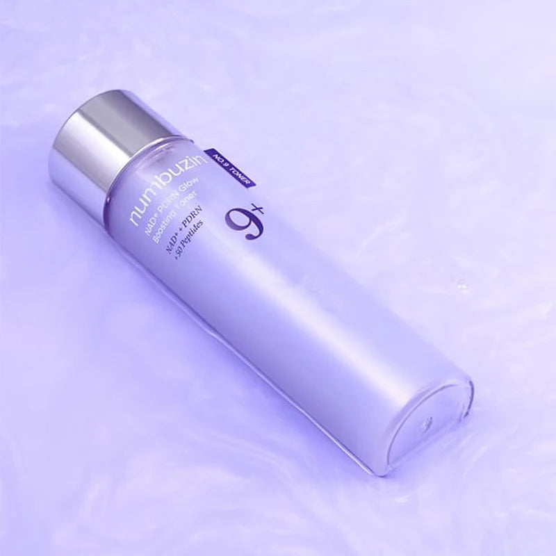 Numbuzin No.9 NAD+ PDRN Glow Boosting Toner bottle on glossy surface